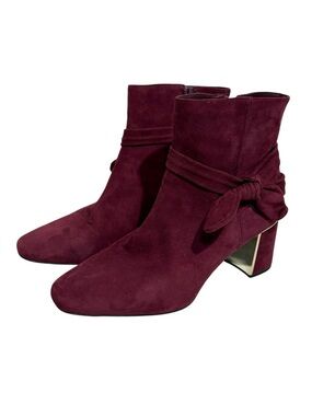 Velvet Ankle Booties Burgundy Maroon Bow Gold Accent 2.5" Heels Size 9.5